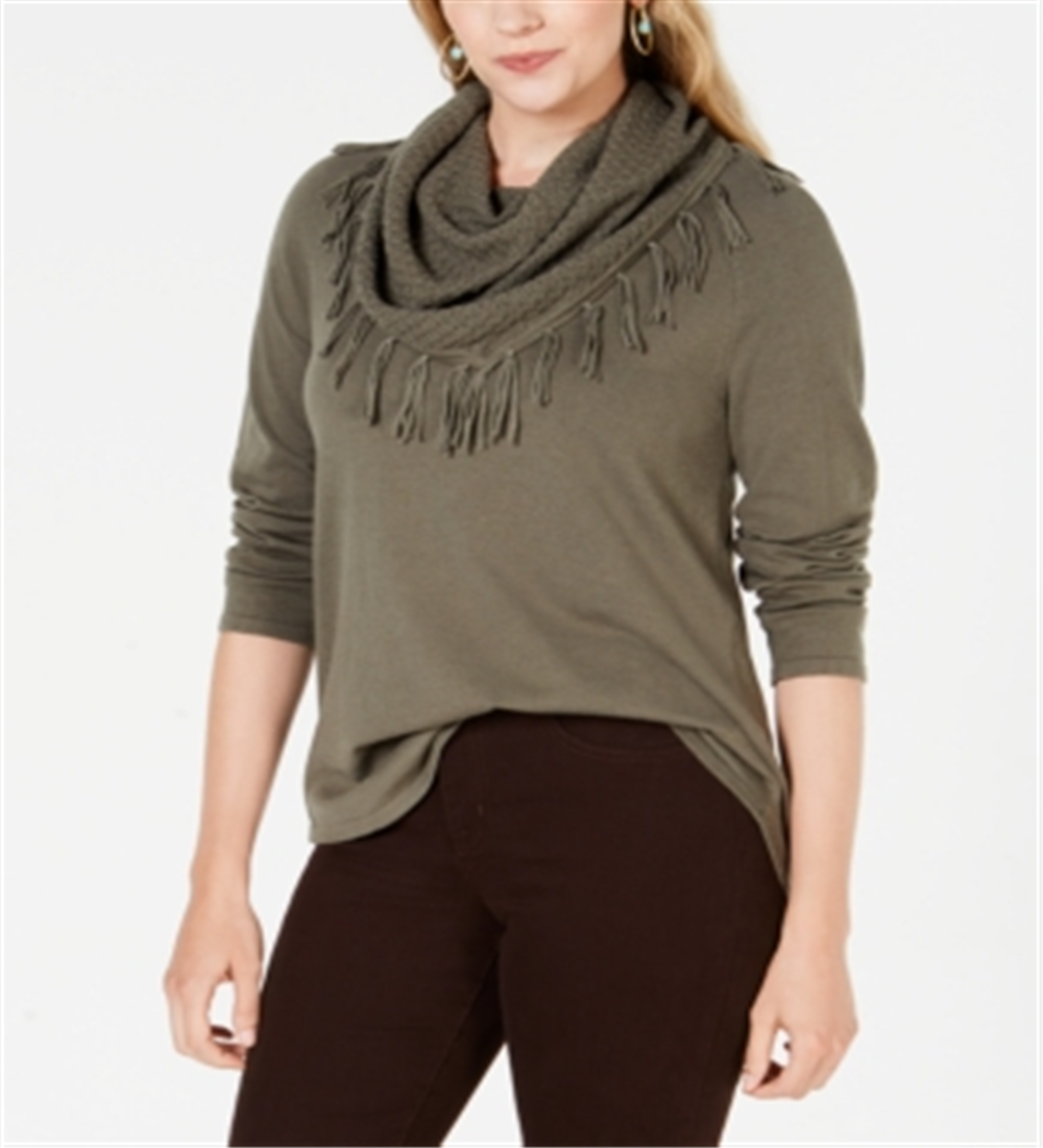 Style & Co Women's Fringe Trim Cowlneck Sweater Green Size Medium