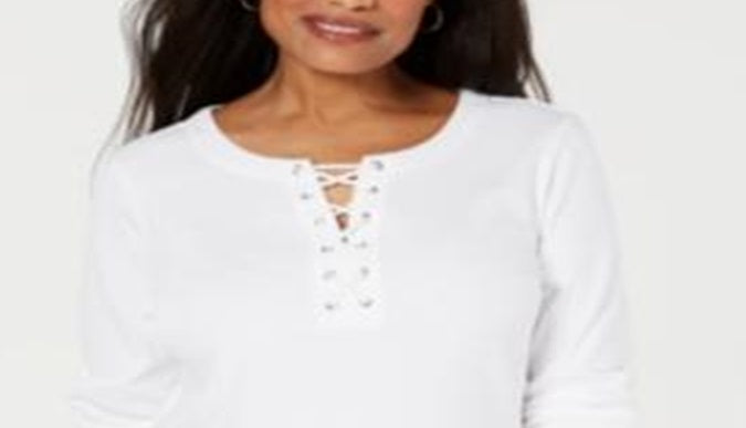 Karen Scott Women's Cotton Lace up Top White Size X-Small