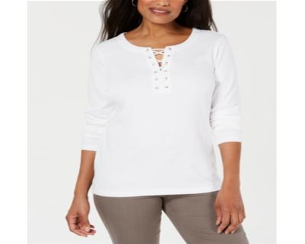 Karen Scott Women's Cotton Lace up Top White Size X-Small