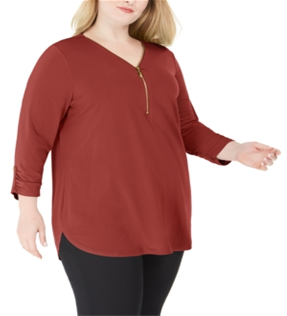 JM Collection Women's Solid Zip Top Red Size 3X