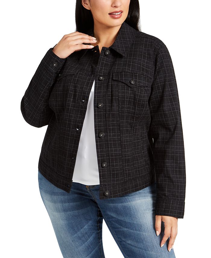 Style & Co Women's Plaid Denim Denim Jacket Black Size 18W