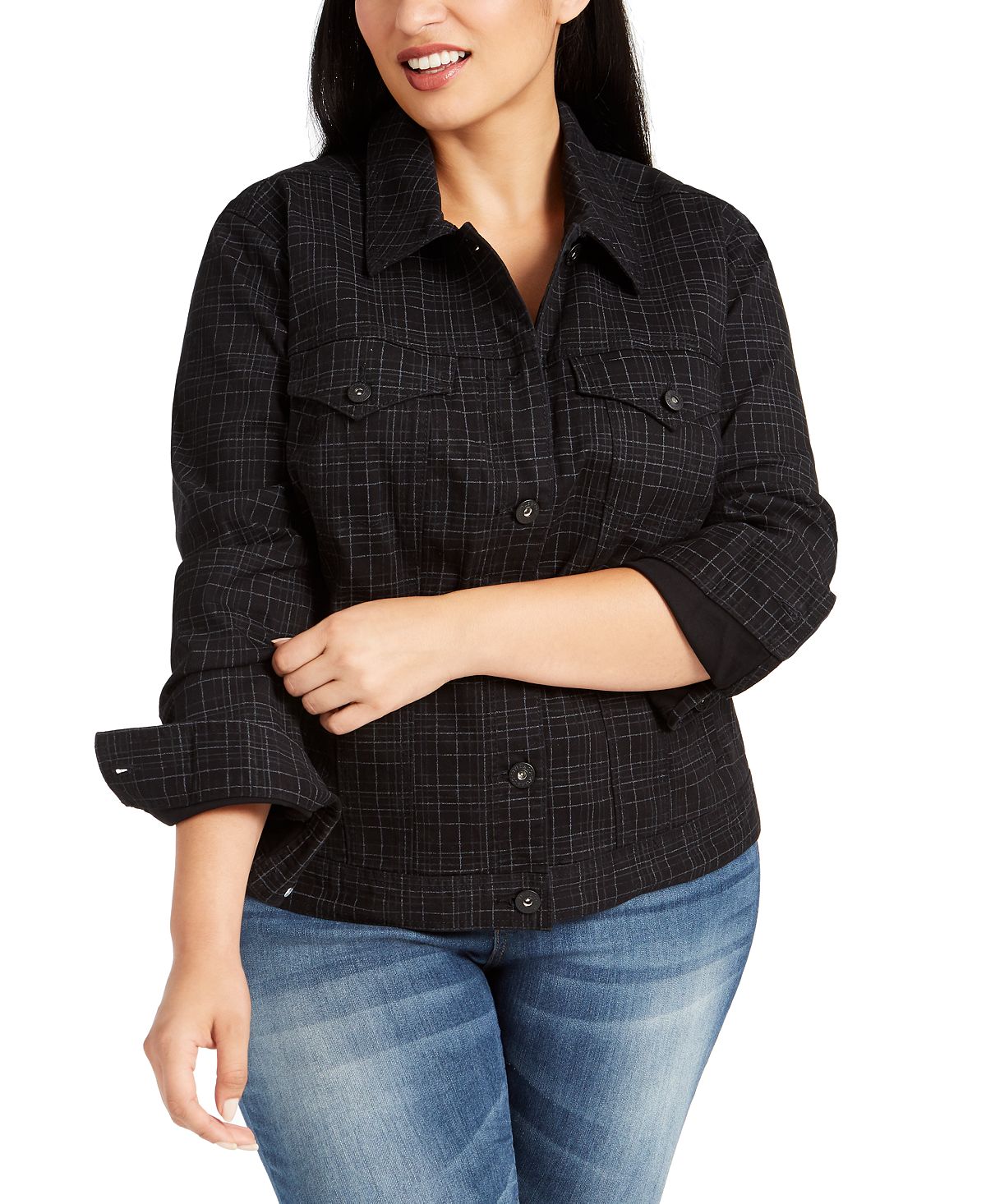 Style & Co Women's Plaid Denim Denim Jacket Black Size 18W