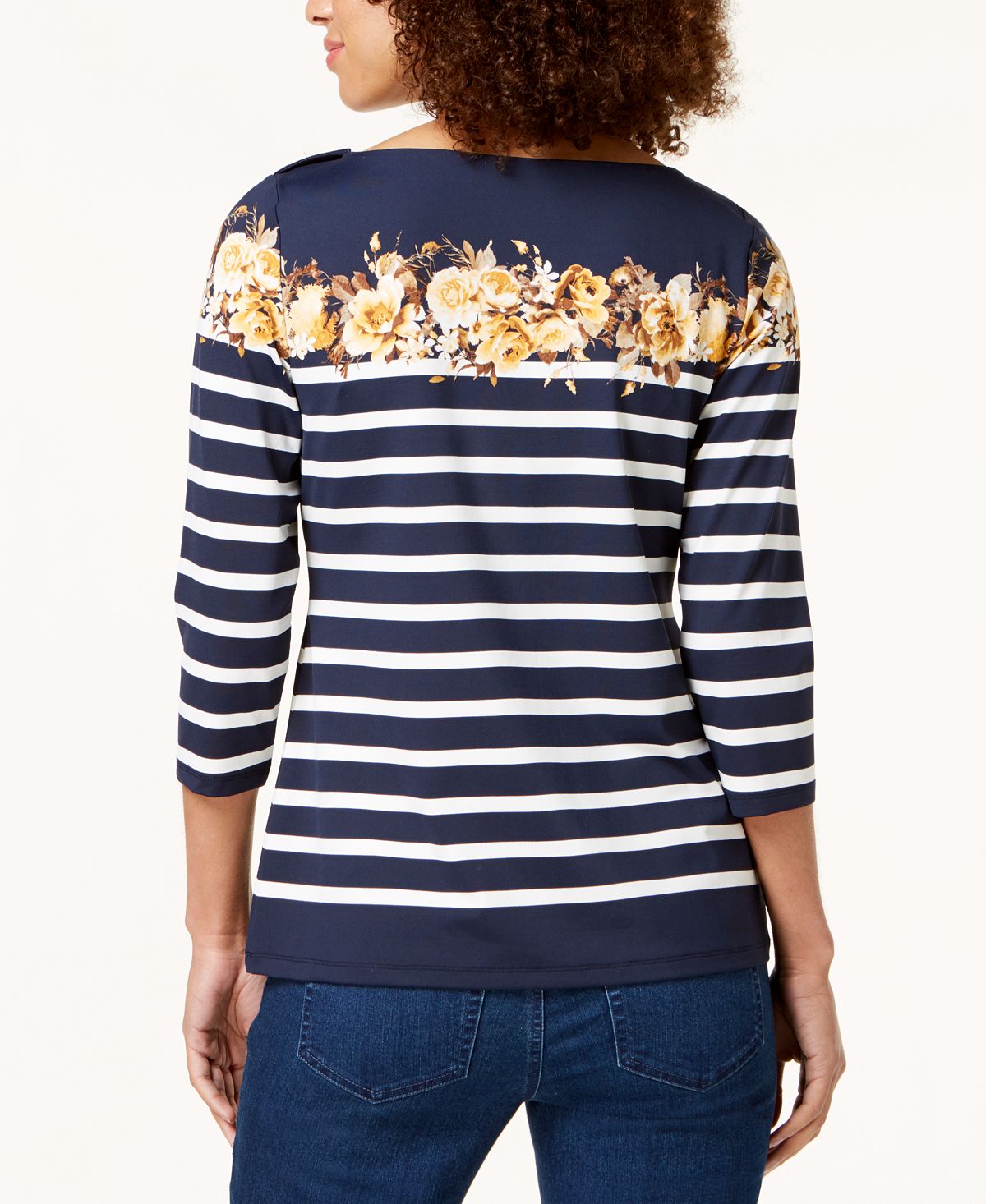 Charter Club Women's Striped 3/4 Sleeve Boat Neck Top Black Size Large