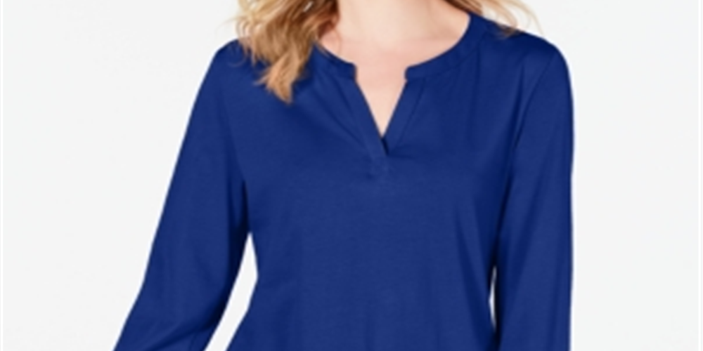Charter Club Women's Supima Cotton Split Neck Top Blue Size X-Small