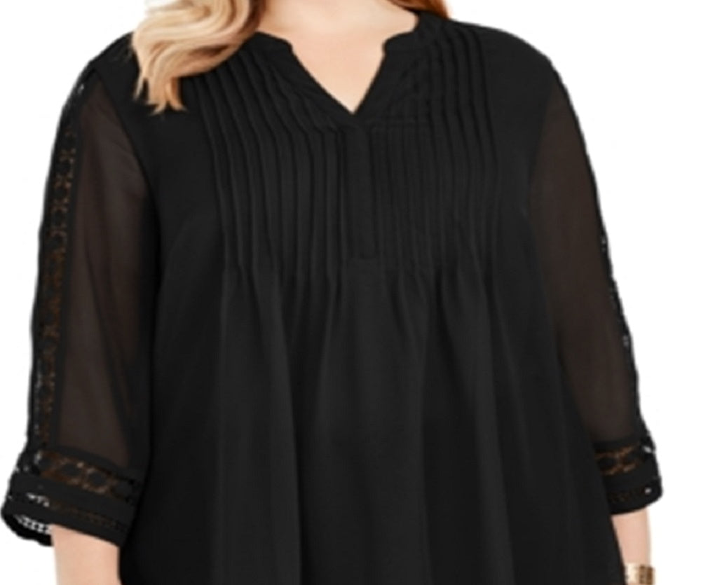 Charter Club Women's Pintuck Front Lace Sleeve Top Black Size 1X