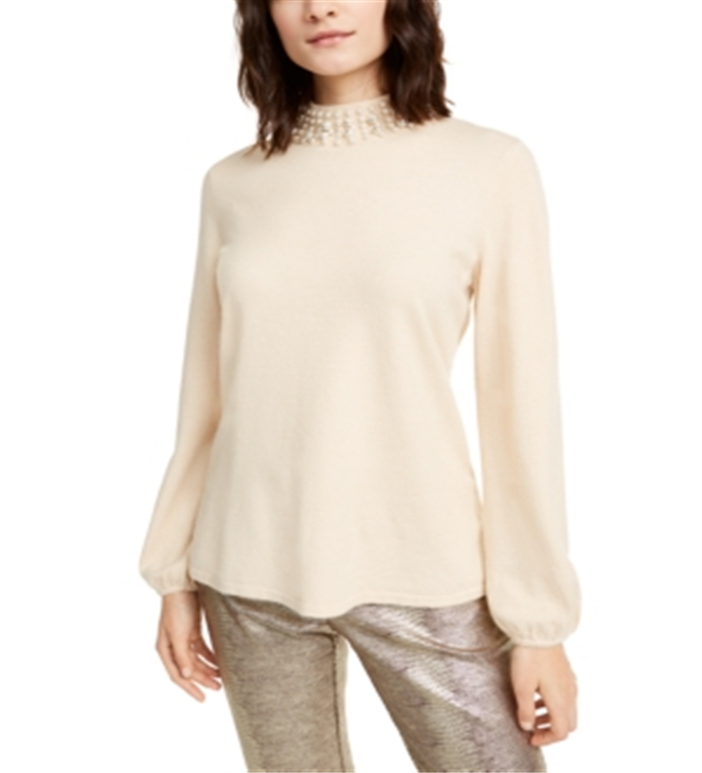 Alfani Women's Embellished Mock Neck Sweater Brown Size Petite X-Large
