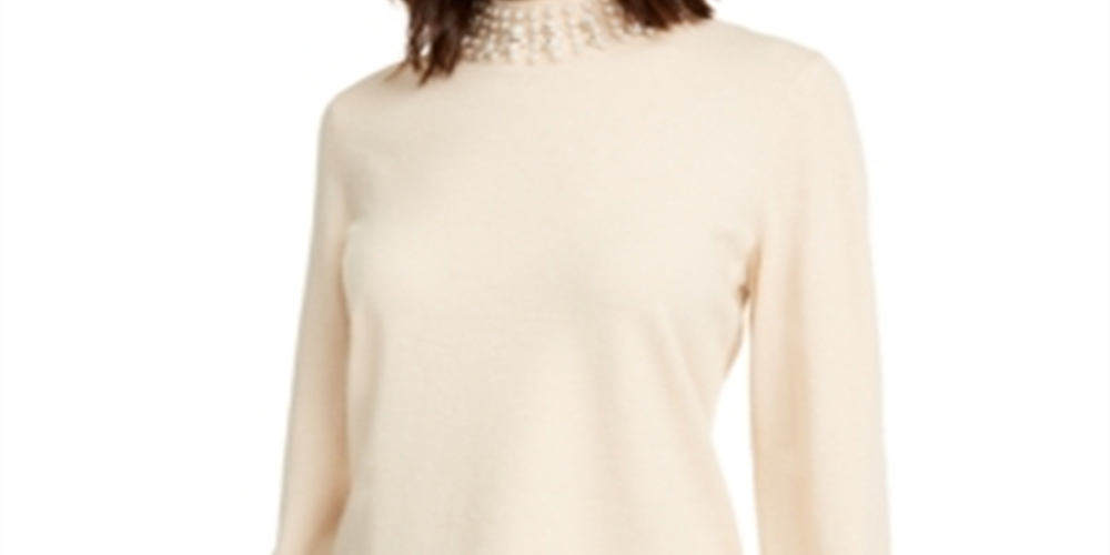 Alfani Women's Embellished Mock Neck Sweater Brown Size Petite X-Large