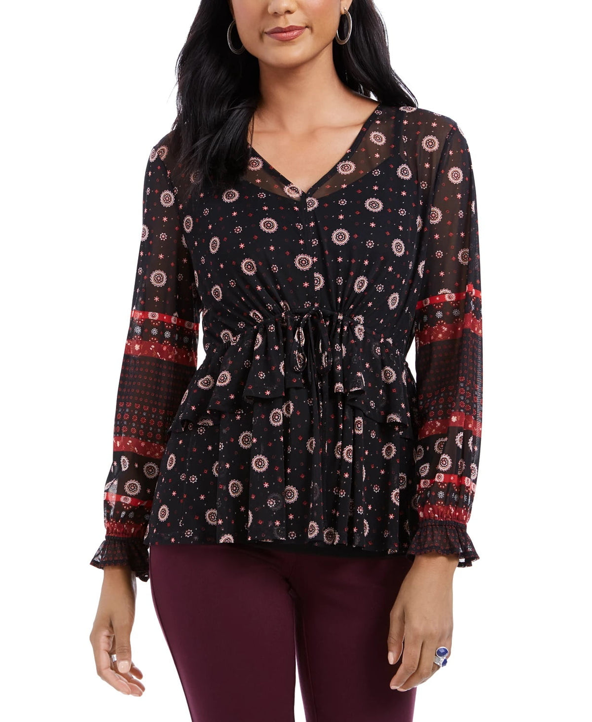 Style & Co Women's Black Tie Waist Peasant Blouse Size X-Small
