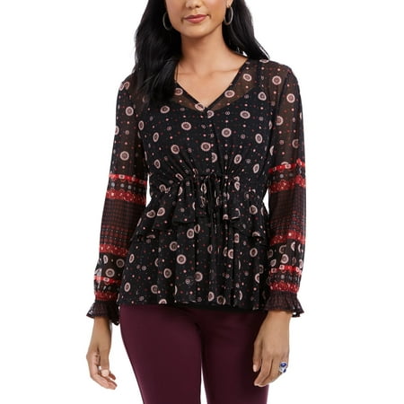 Style & Co Women's Black Tie Waist Peasant Blouse Size X-Small