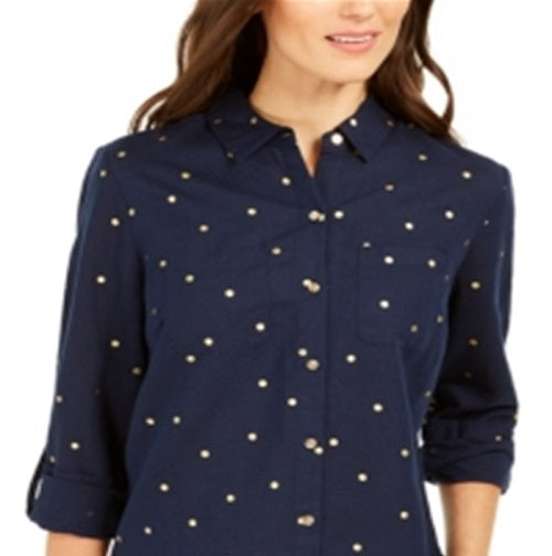 Charter Club Women's Foil Dot Linen Top Blue Size Small