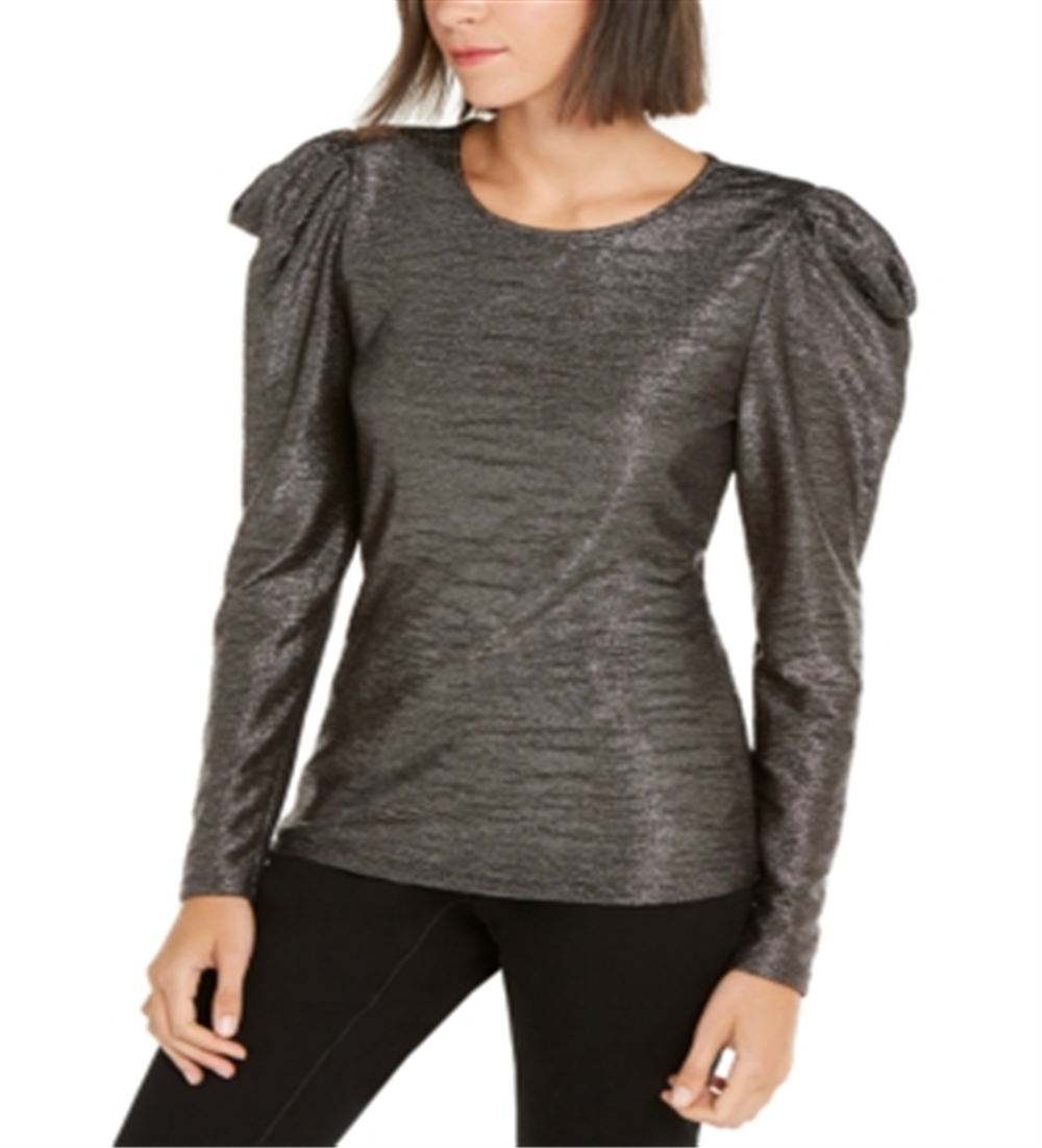 INC International Concepts Women's Solid Shiny Long Sleeve Crew Neck Top Black Size X-Small