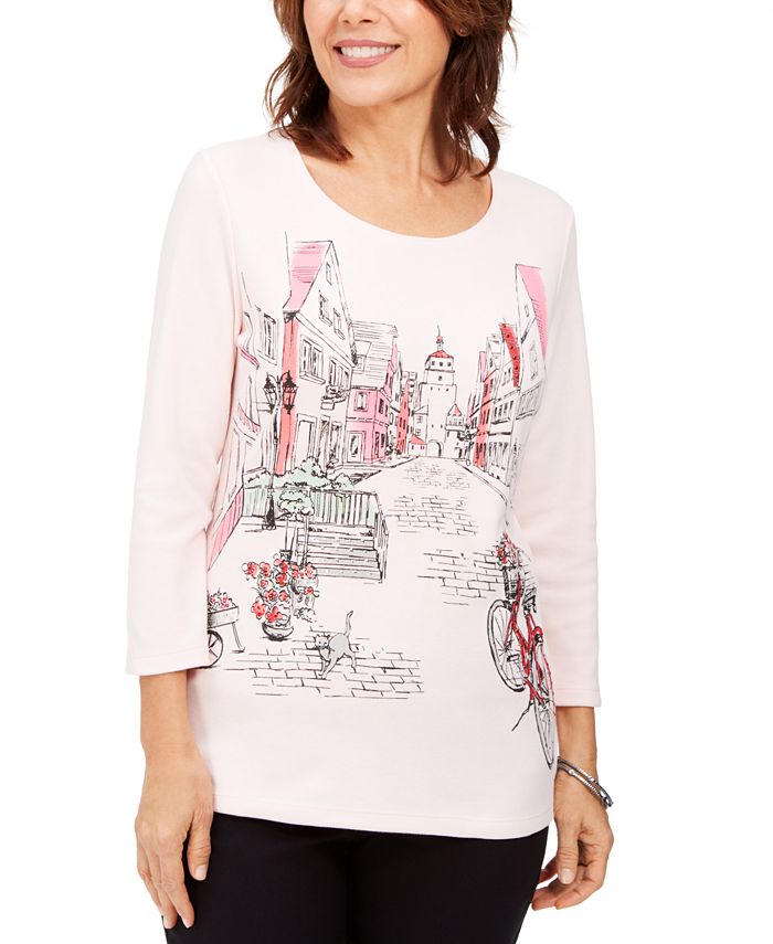 Karen Scott Women's Graphic Embellished Top Pink Size Petite