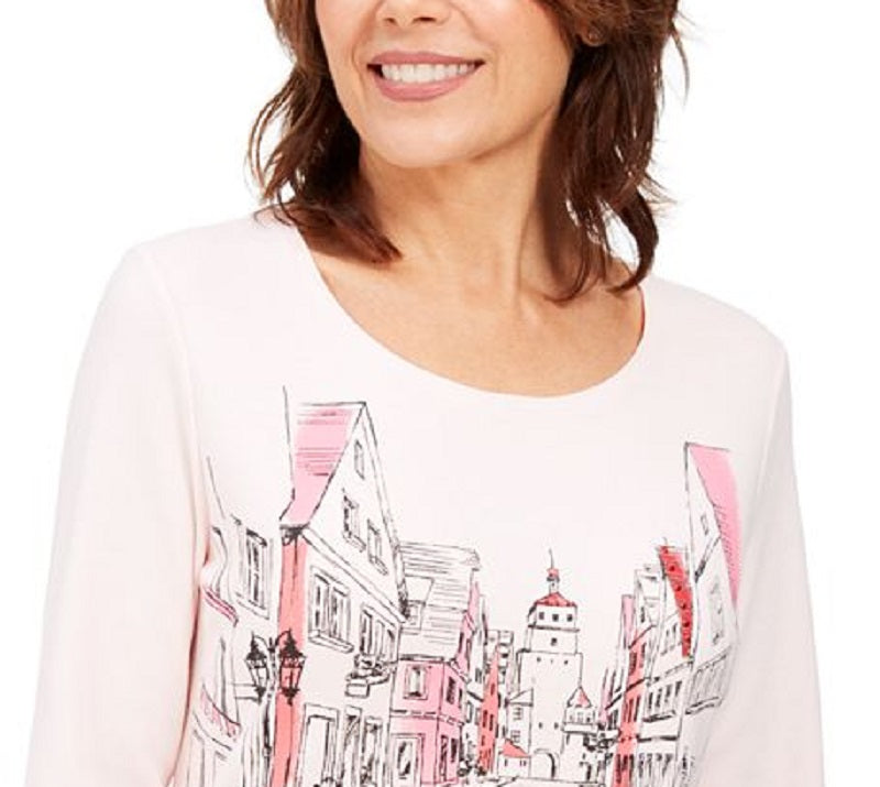 Karen Scott Women's Graphic Embellished Top Pink Size Petite