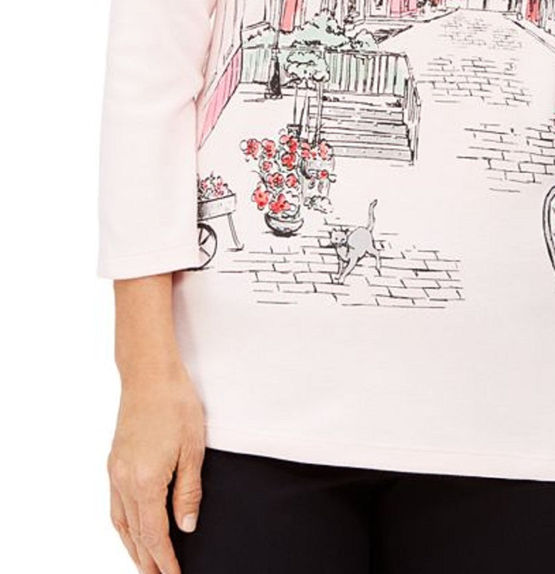 Karen Scott Women's Graphic Embellished Top Pink Size Petite