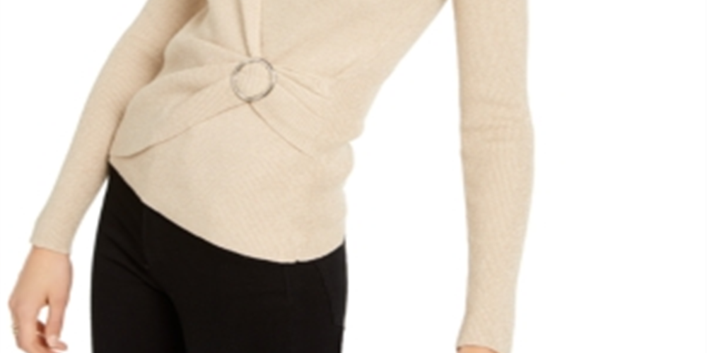 INC International Concepts Women's Lurex V Neck Buckle Sweater Beige Size Large