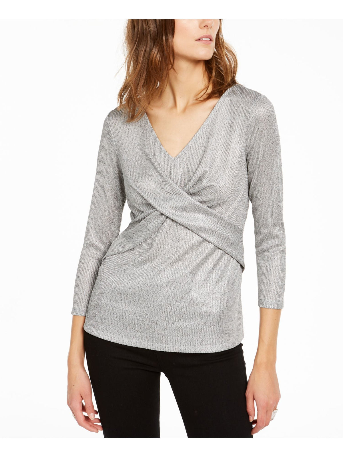 INC Women's Silver Ribbed Shimmering Long Sleeve V Neck Top Size X-Small
