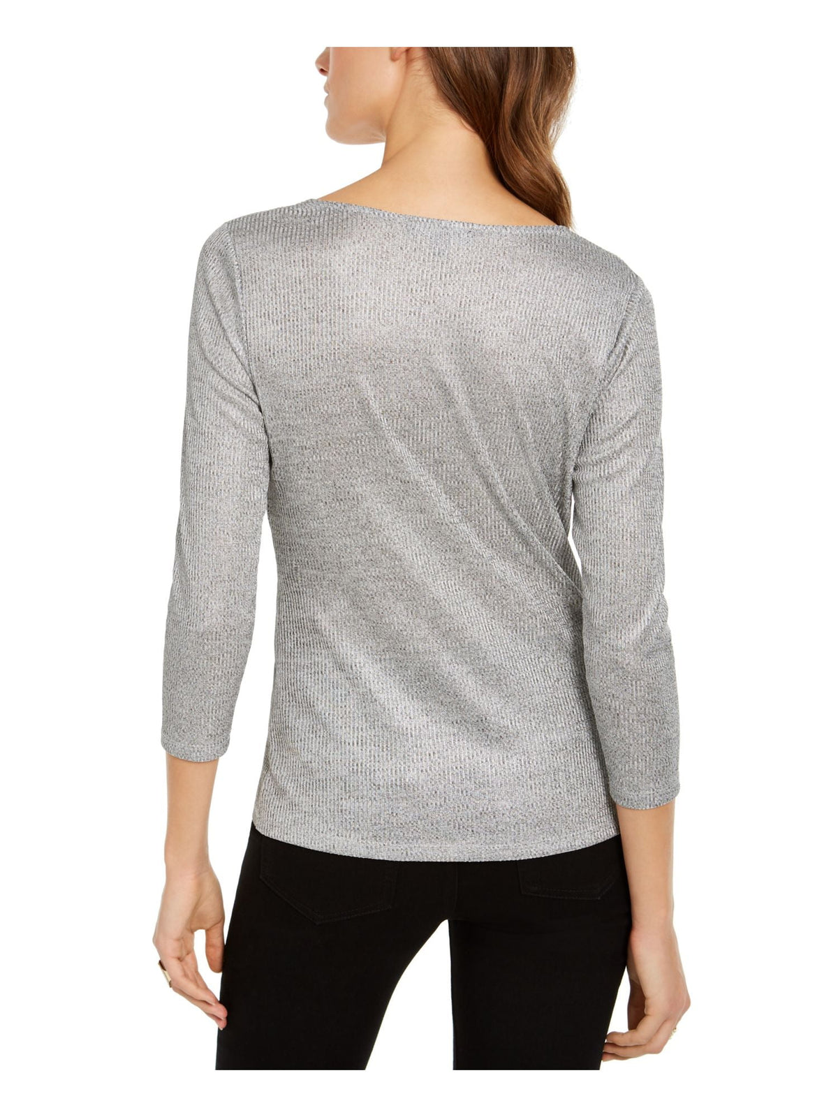 INC Women's Silver Ribbed Shimmering Long Sleeve V Neck Top Size X-Small