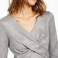 INC Women's Silver Ribbed Shimmering Long Sleeve V Neck Top Size X-Small