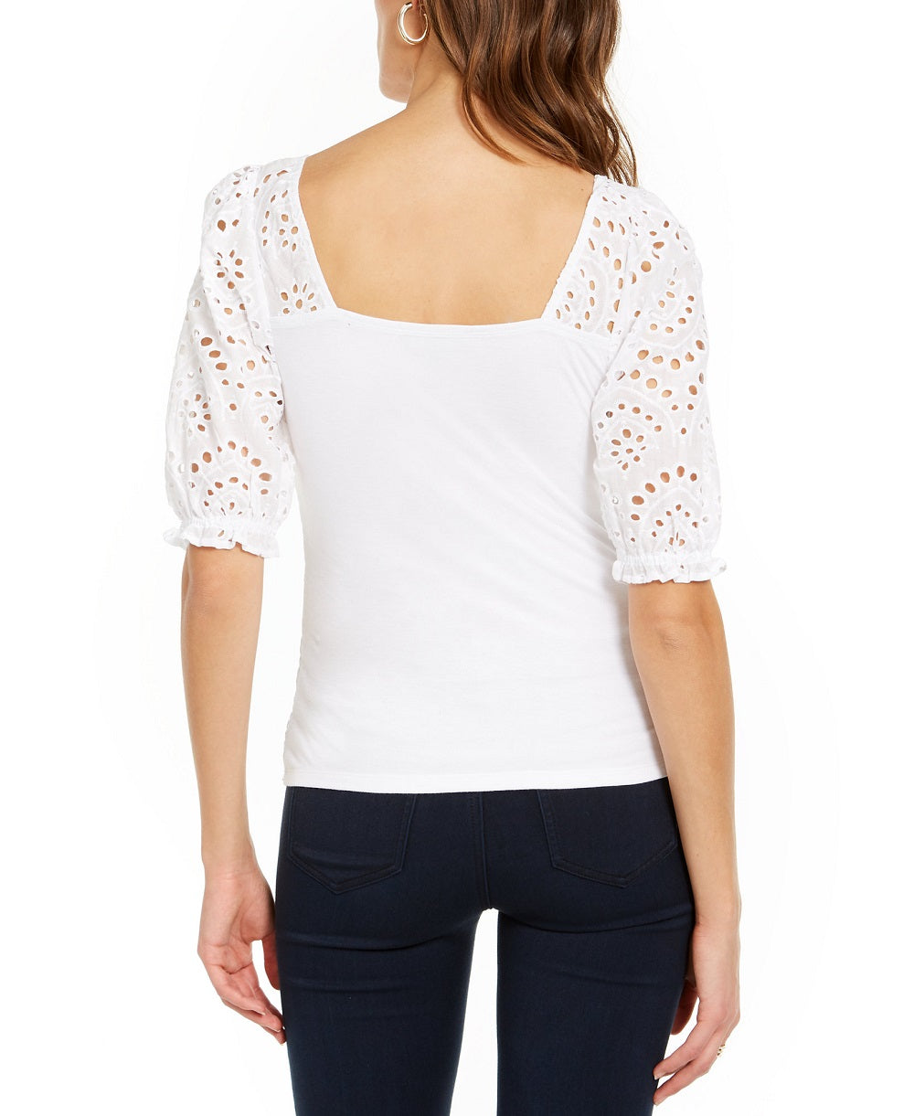 INC International Concepts Women's Smocked Eyelet Sleeves White Size X-Large