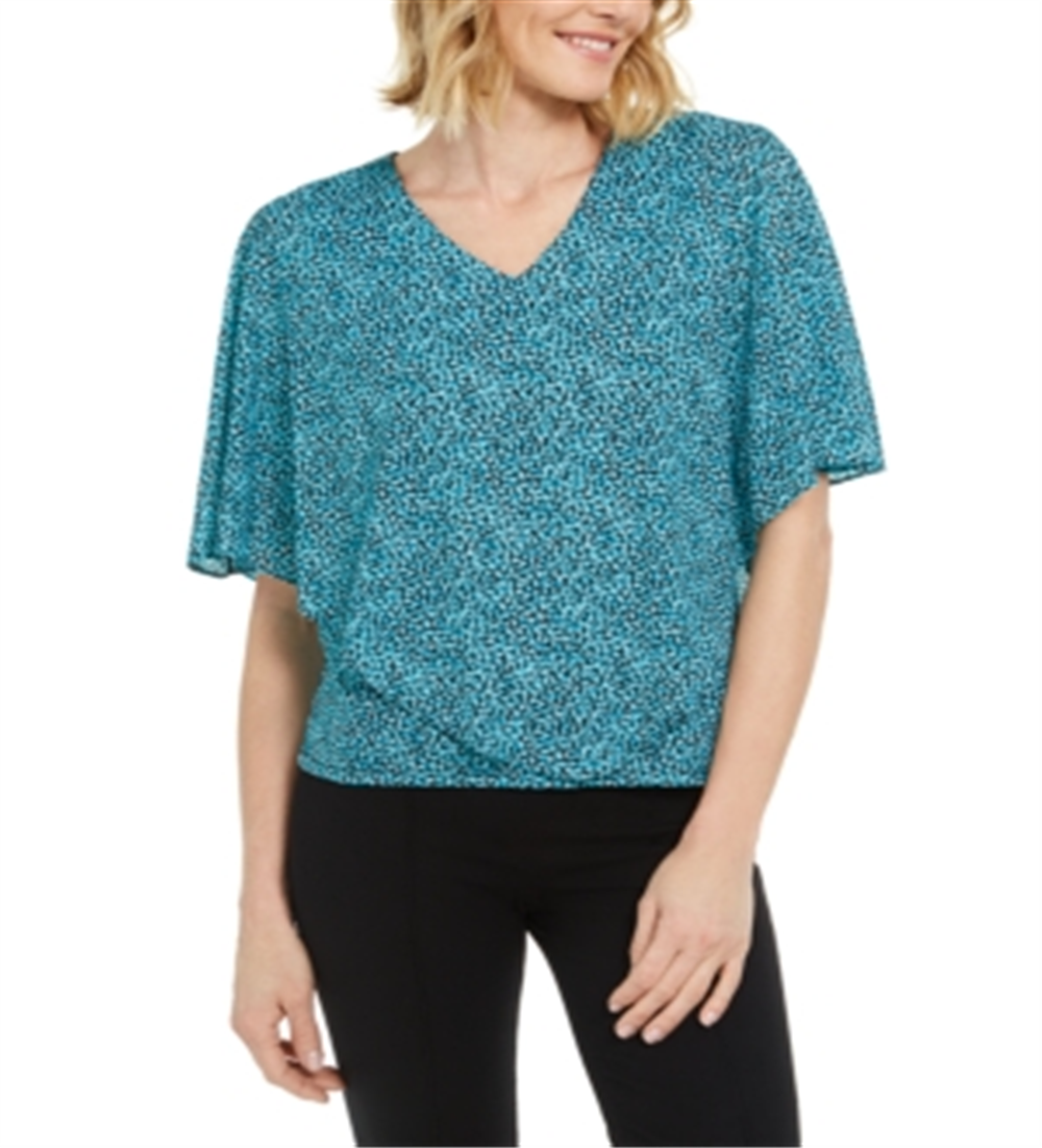 JM Collection Women's Printed V Neck Asymmetrical Overlay Top Blue Size X-Large