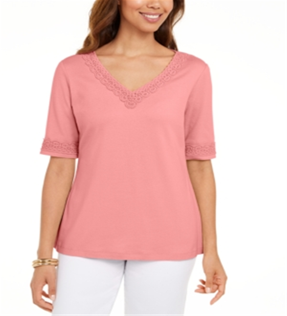 Karen Scott Women's Cotton Crochet Trim Top Pink Size XX-Large