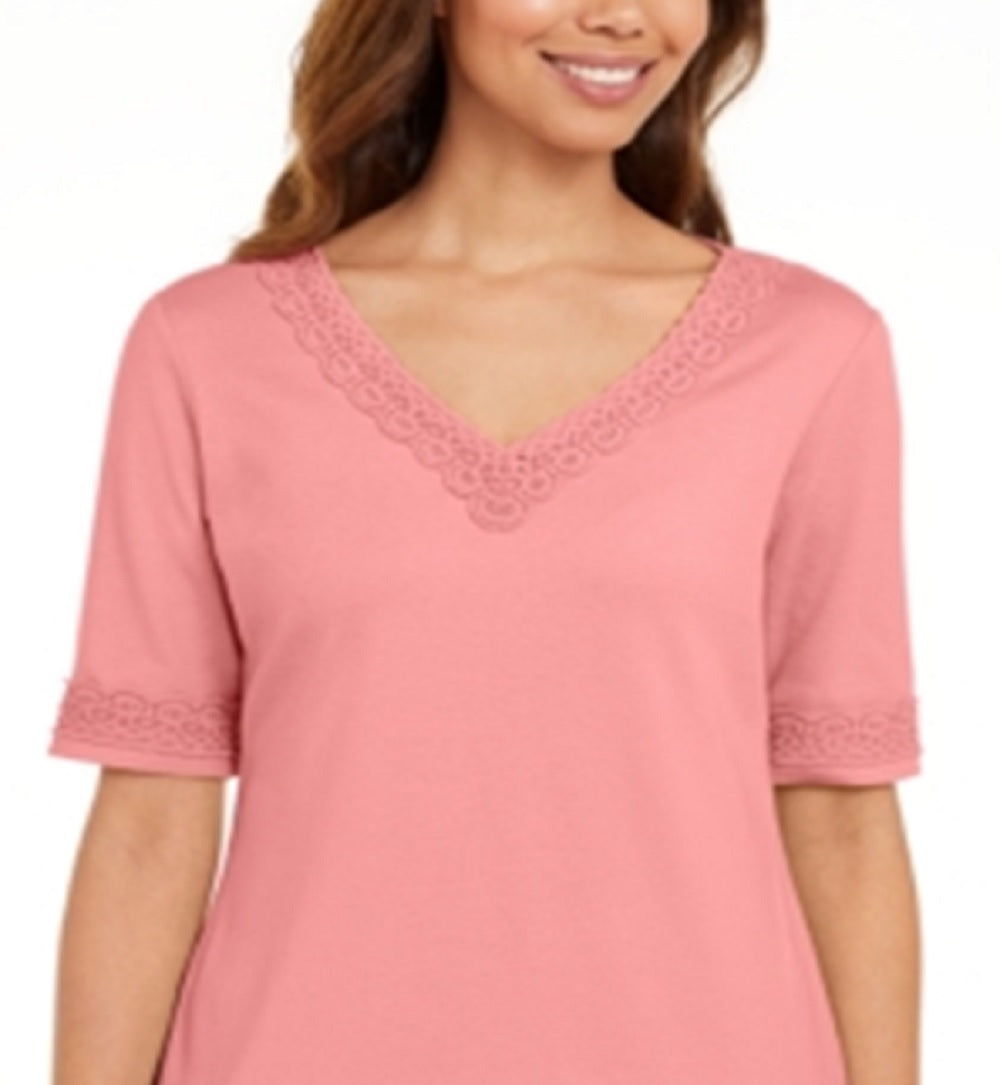 Karen Scott Women's Cotton Crochet Trim Top Pink Size XX-Large