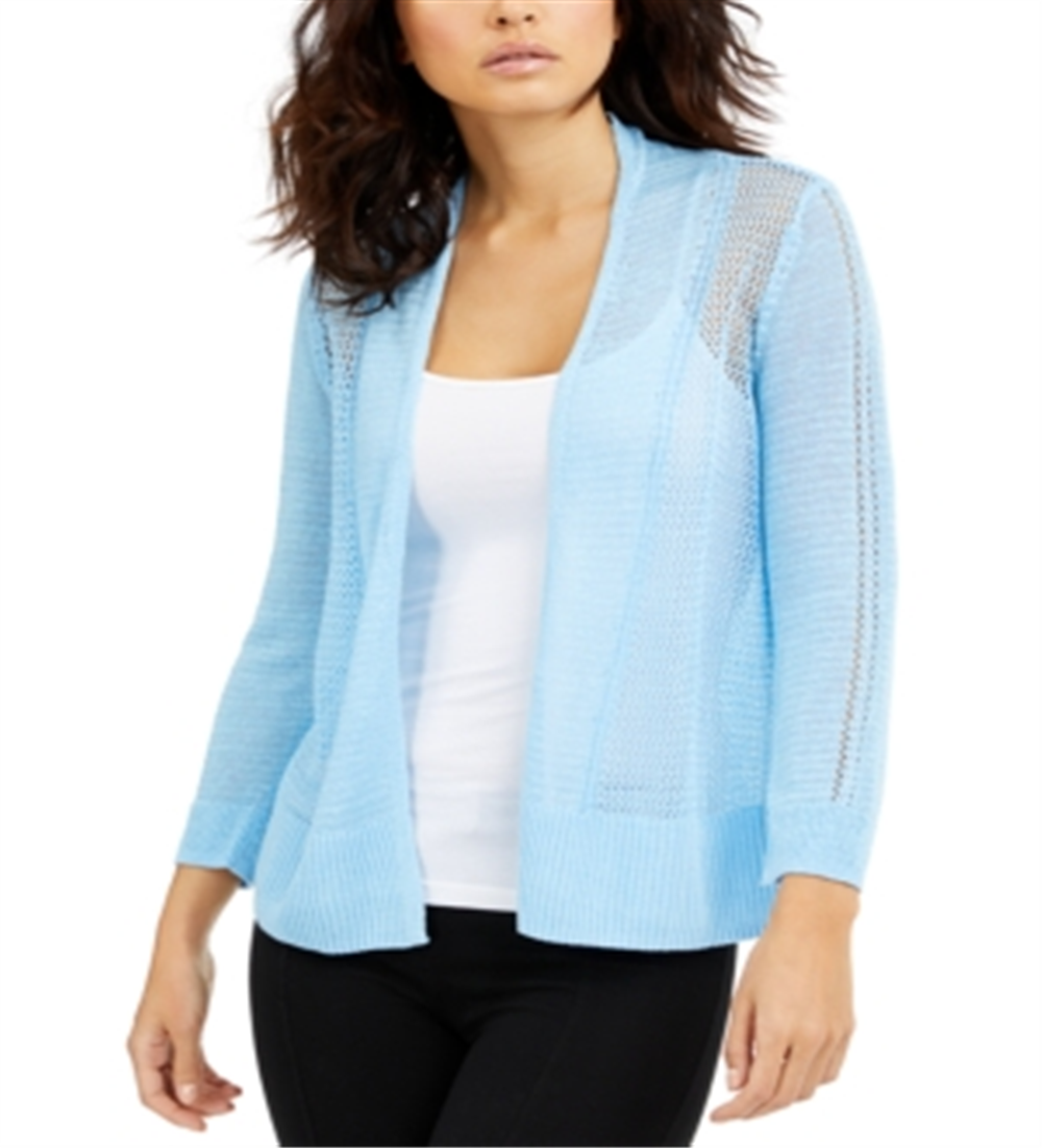 Alfani Women's Linen Blend Open Front Cardigan Sweater Blue Size Large