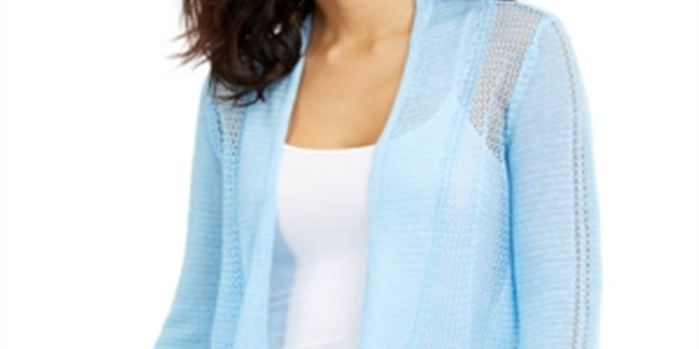Alfani Women's Linen Blend Open Front Cardigan Sweater Blue Size Large