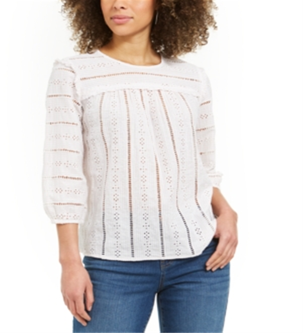 Style & Co Women's Striped Eyelet 3/4 Sleeve Top Pink Size Large