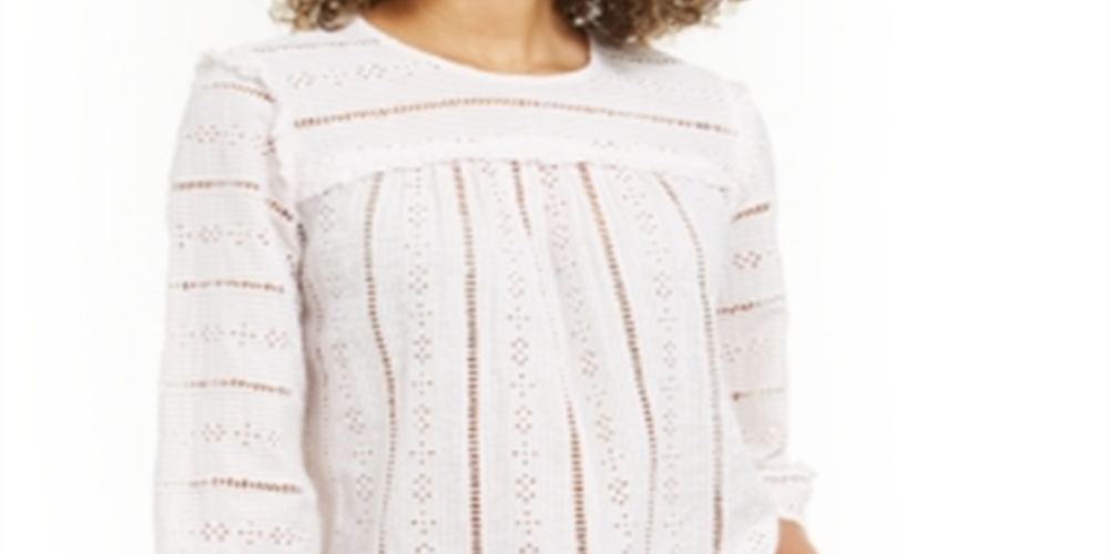 Style & Co Women's Striped Eyelet 3/4 Sleeve Top Pink Size Large