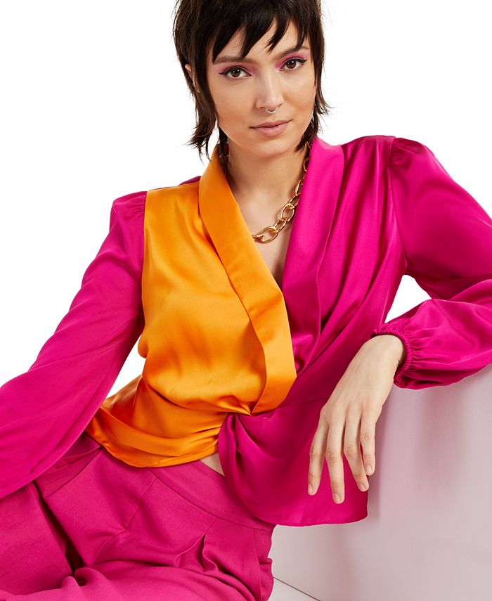 INC International Concepts Women's Colorblocked Twist-Front Blouse Pink Size Large