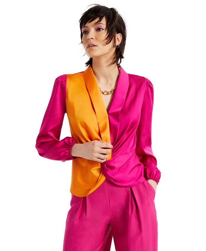 INC International Concepts Women's Colorblocked Twist-Front Blouse Pink Size Large