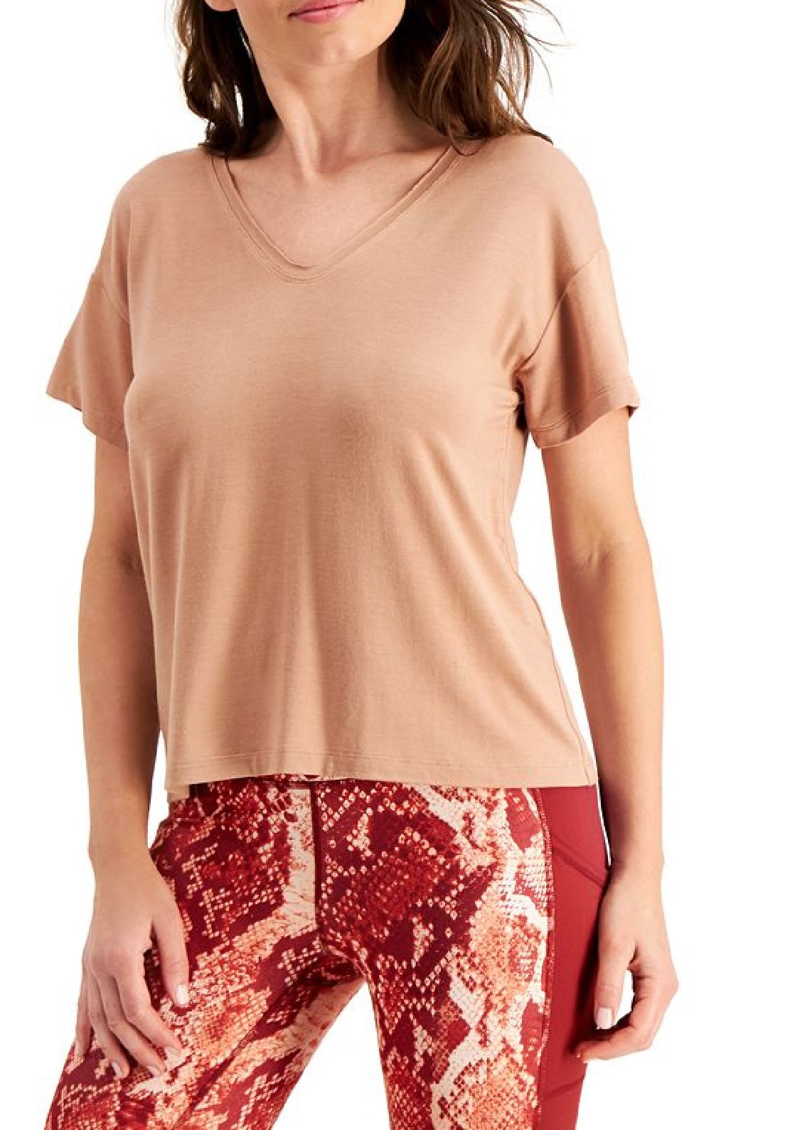 ID Ideology Women's Stretch Ribbed Short Sleeve V Neck T-Shirt Brown Size Large