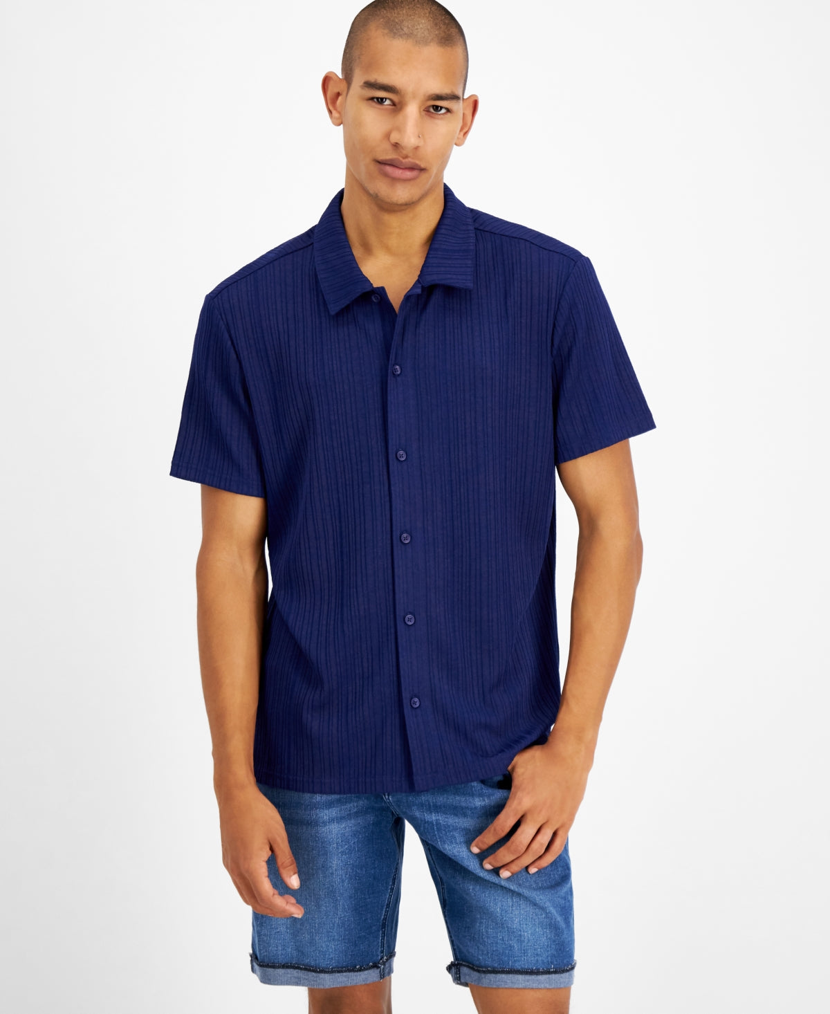 INC International Concepts Men's Rib Knit Button Up Short Sleeve Shirt Blue Size Medium