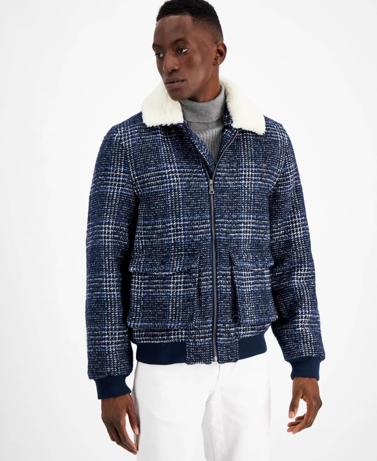 INC International Concepts Men's Removable Fleece Collar Houndstooth Plaid Jacket Blue Size L