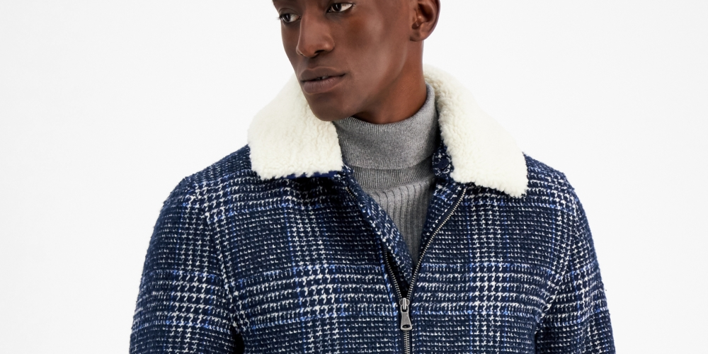 INC International Concepts Men's Removable Fleece Collar Houndstooth Plaid Jacket Blue Size L
