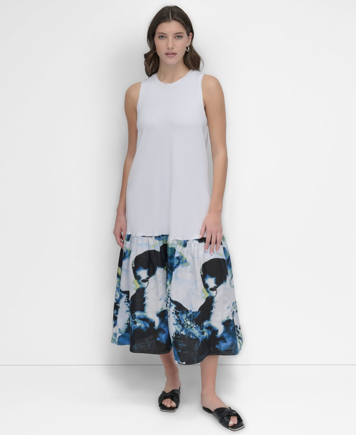DKNY Womens Mixed Media Floral Hem Sleeveless Dress White Abstract