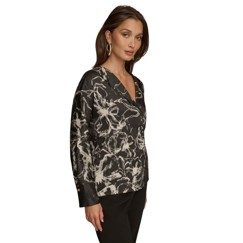 Donna Karan New York Womens Printed V Neck Blouse Black