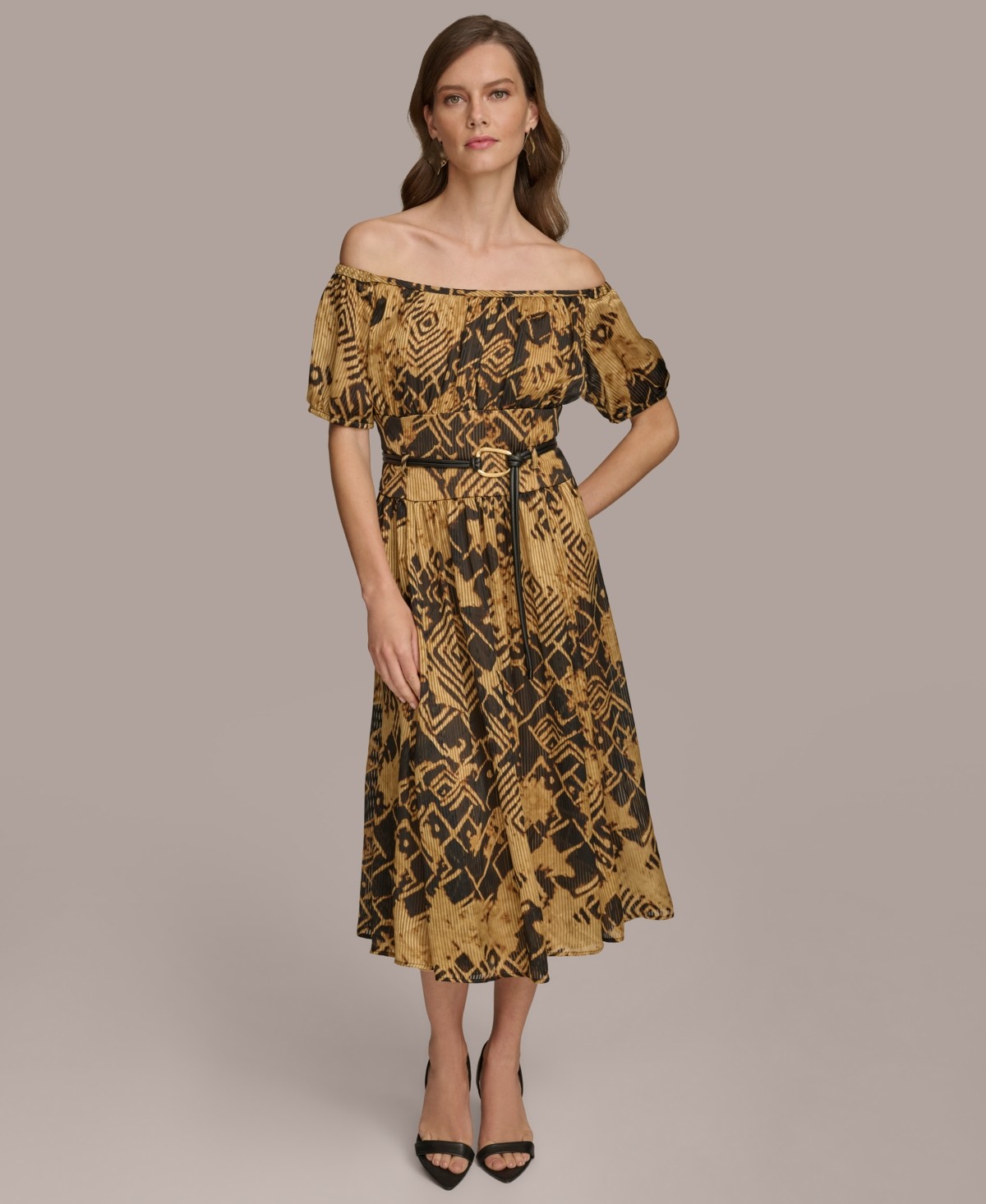 Donna Karan Women's Off the Shoulder Chiffon Midi Dress Black Fawn
