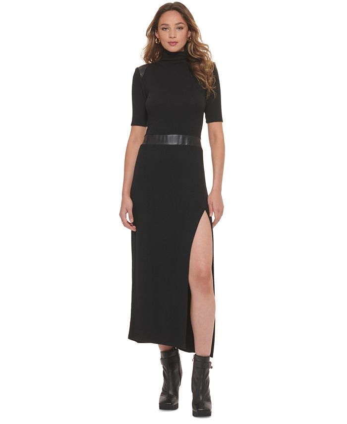 DKNY Women's Faux Leather TrimMock Neck Maxi Dress Black Size Large