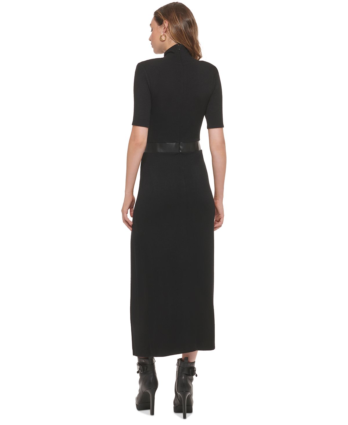 DKNY Women's Faux Leather TrimMock Neck Maxi Dress Black Size Large