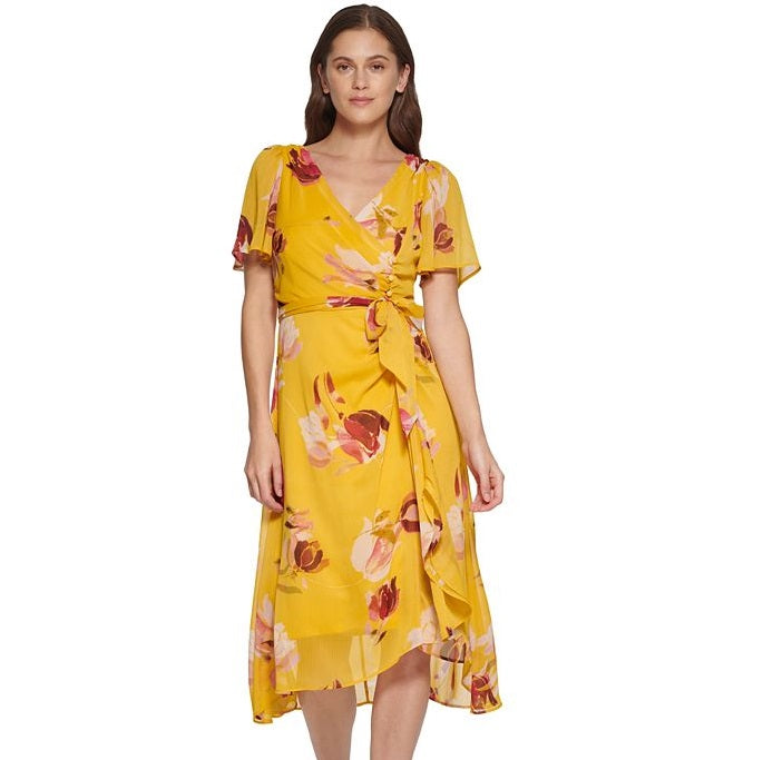 DKNY Women's FlutterSleeve TieWaist V Neck Dress Yellow Size 16