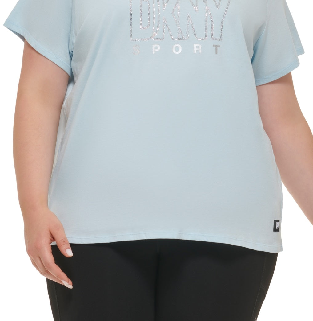 DKNY Women's Cotton Embellished Logo T-Shirt Blue Size 1X