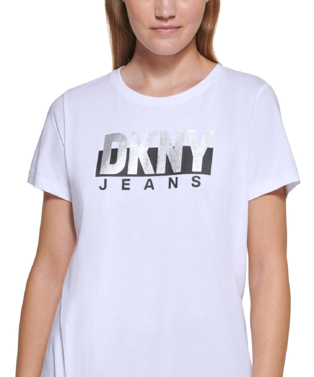 DKNY Women's Metallic Logo T-Shirt White Size XX-Small