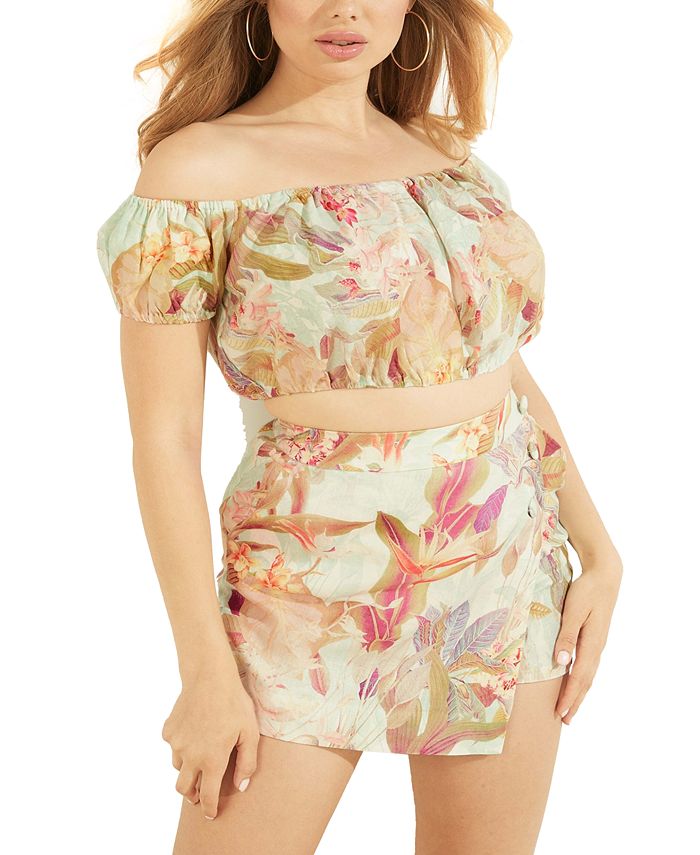 GUESS Women's Polina Printed Cropped Top Green Size Medium
