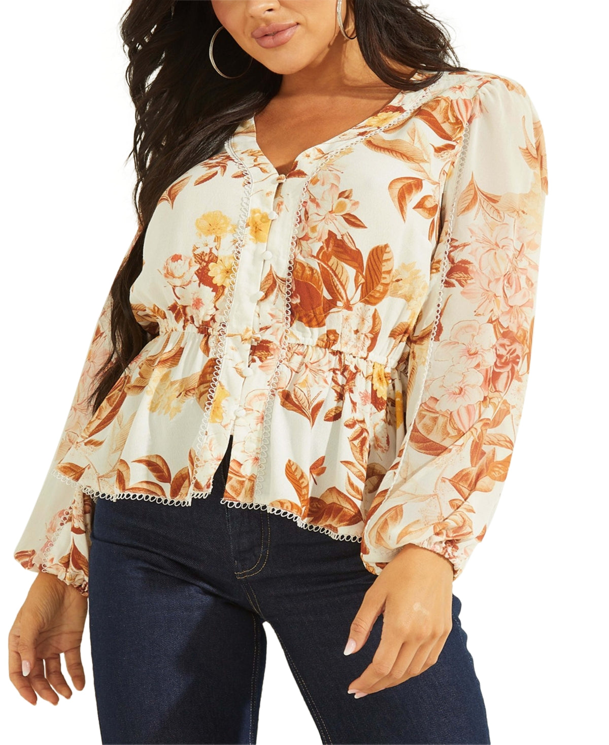 GUESS Women's Hera Printed Balloon Sleeve V-Neck Top White Size X-Large