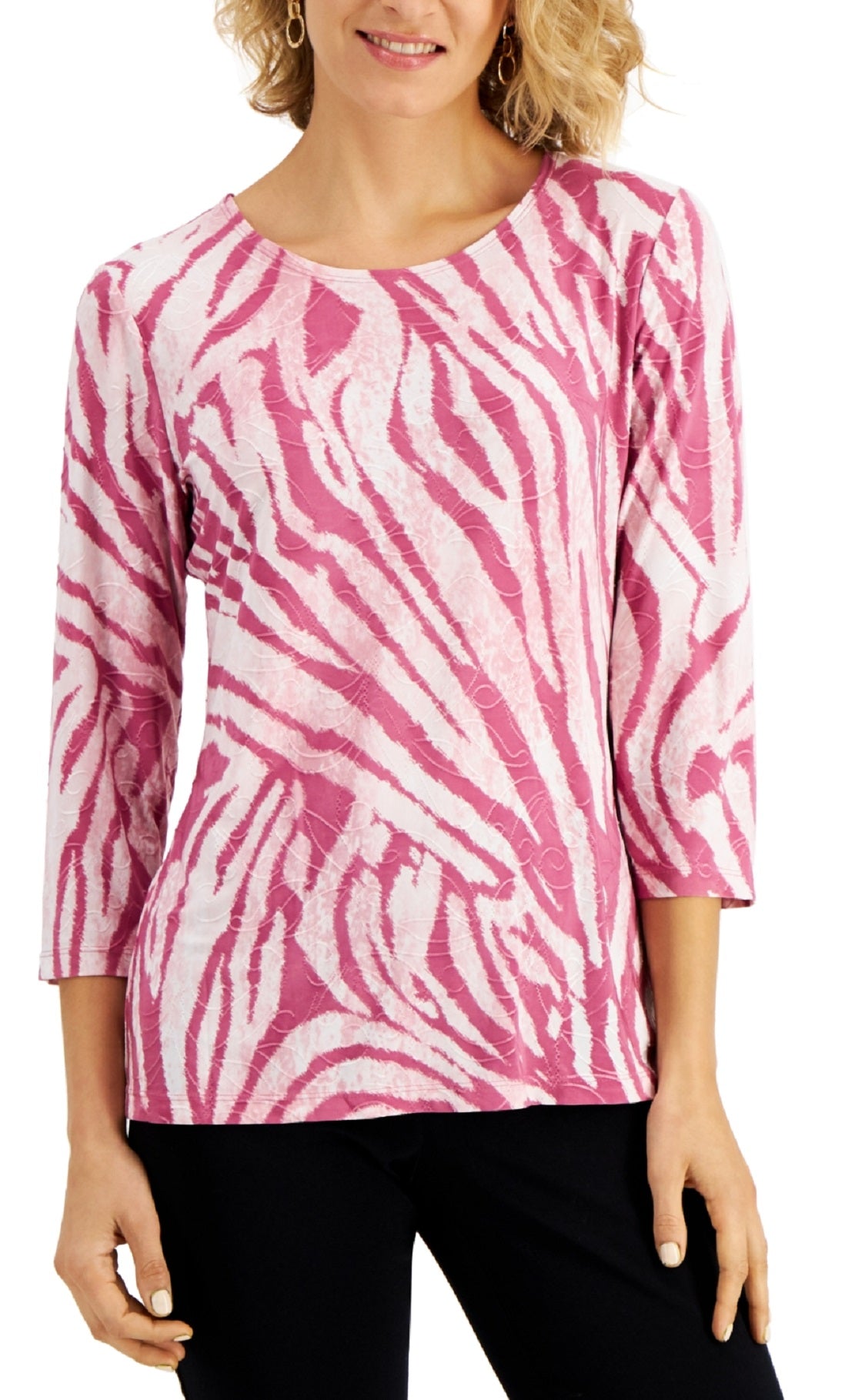 JM Collection Women's Printed Jacquard 3/4 Sleeve Top Red Size Petite Medium