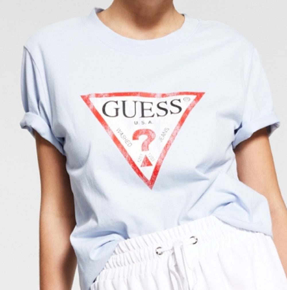 GUESS Women's Classic Fit Logo Graphic T-Shirt Blue Size Small