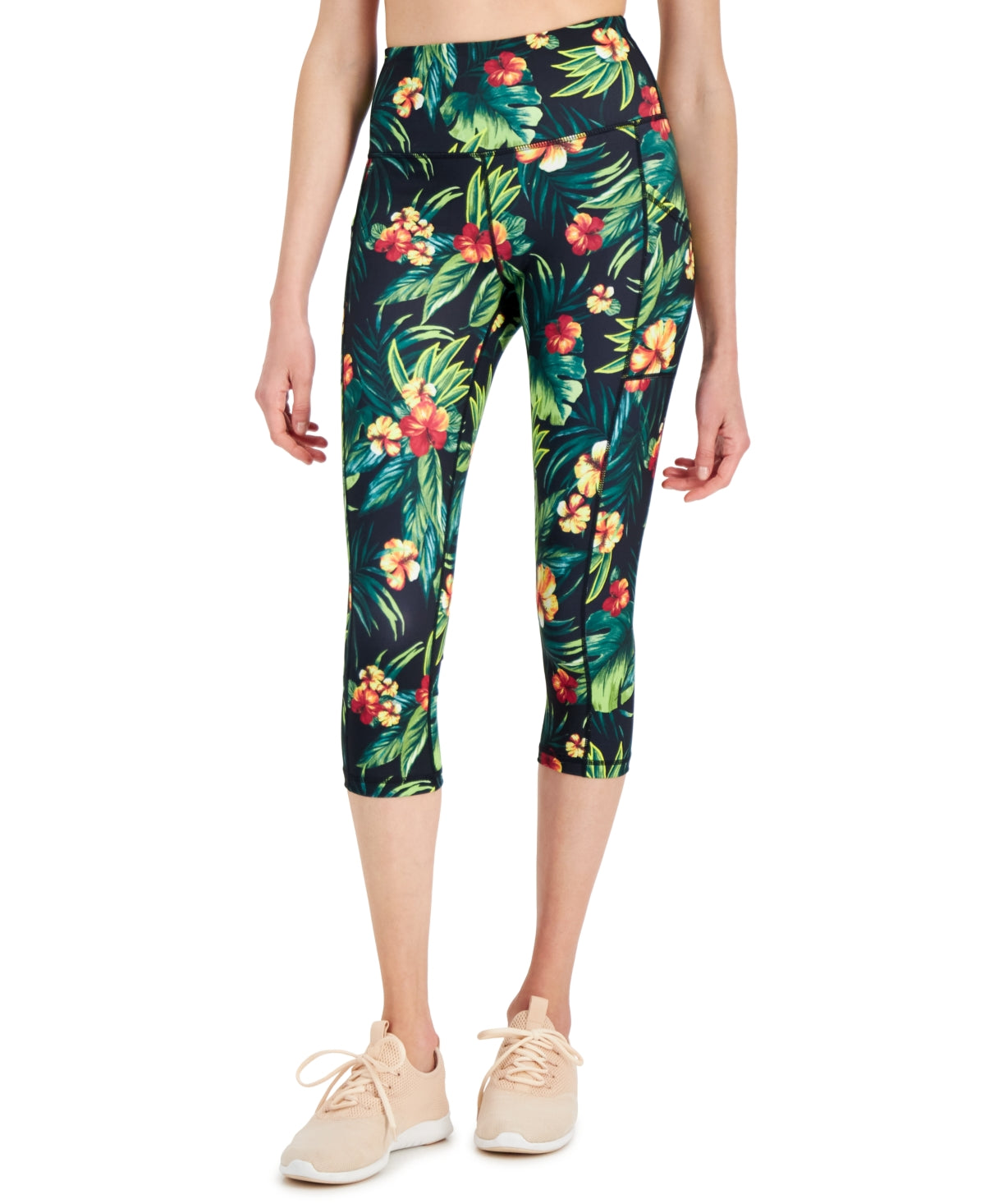 ID Ideology Women's Tropical Side Pocket Cropped Leggings Black Size Medium