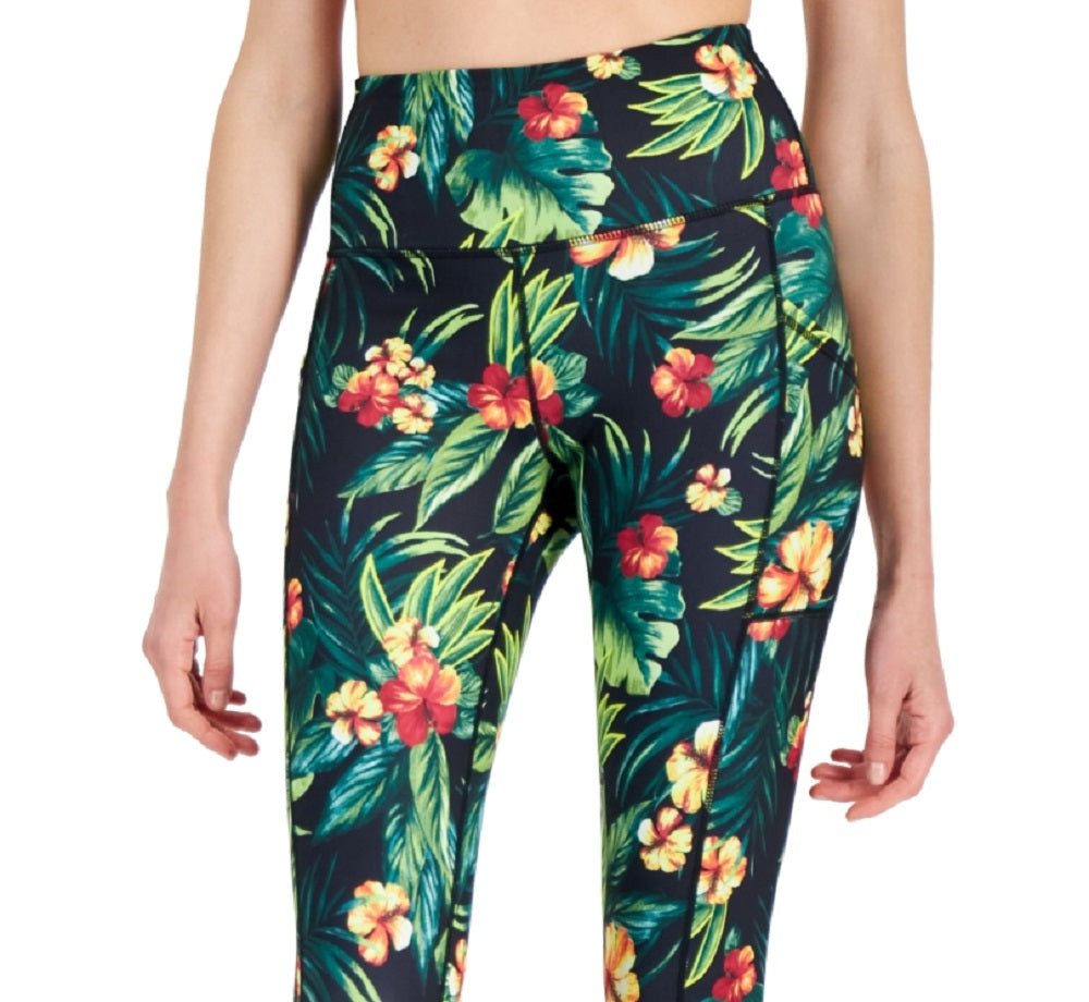 ID Ideology Women's Tropical Side Pocket Cropped Leggings Black Size Large